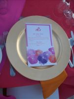 We used golden charger , with a printed and personalized menu also a orange napkin