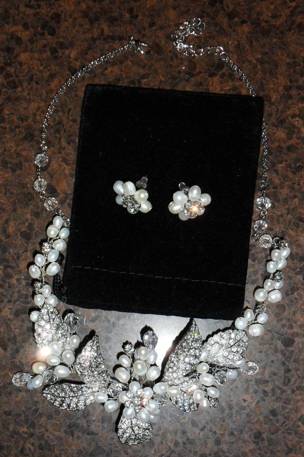 Vintage rhinestone and pearl necklace and earring set