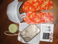 BM Gifts: Flip flop, earrings, cap, travel candle, wristlet, and toe ring